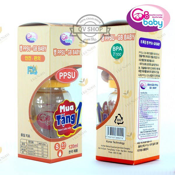 Bình sữa nhựa PPSU GB-Baby 120ml Hàn Quốc - Tặng 1 núm ti siêu mềm