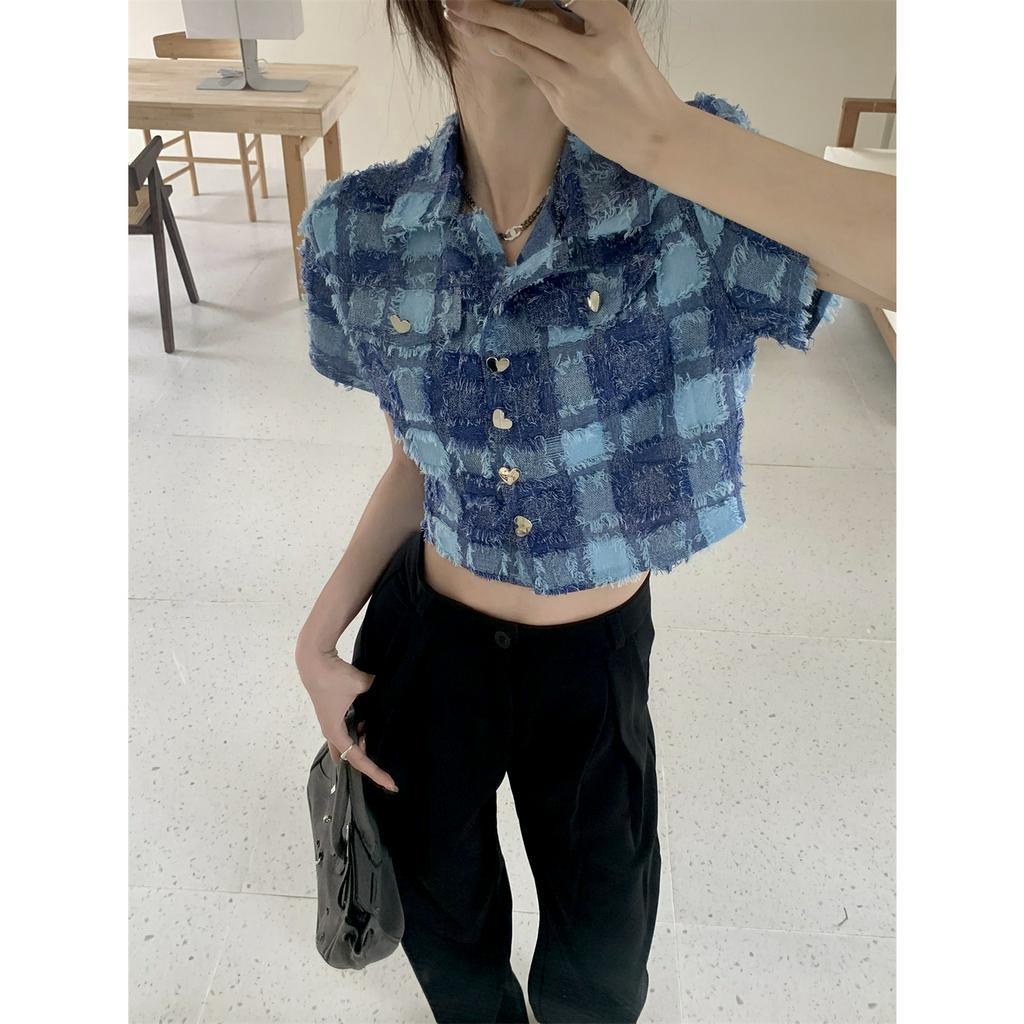 「 WELOVE1 」Áo Sơ Mi Ngắn Tay Cài Nút Hình Trái Tim Phối Màu Tương Phản Xanh Dương Cho Nữ
