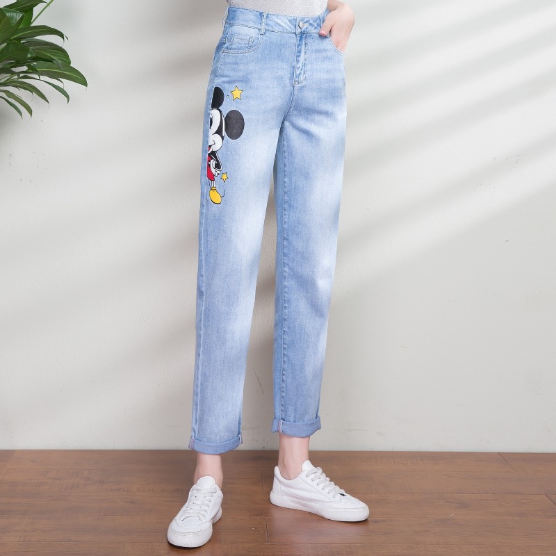 Quần jean baggy nữ in hình hoa cúc, mèo chuột mickey, kitty ngộ nghĩnh cute | BigBuy360 - bigbuy360.vn