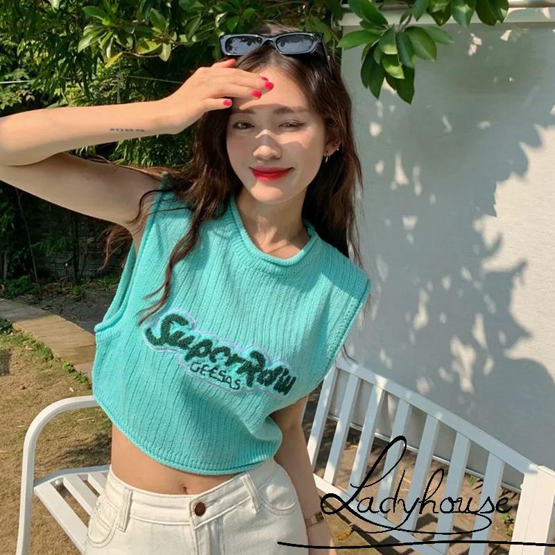 Áo Croptop Sát Nách Cổ Tròn In Chữ Thời Trang Mùa Hè Cho Nữ