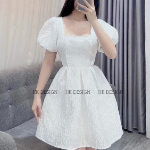 [Sỉ] Đầm Trắng Xốp Viền Ngọc Khoét Eo Siêu Xinh
