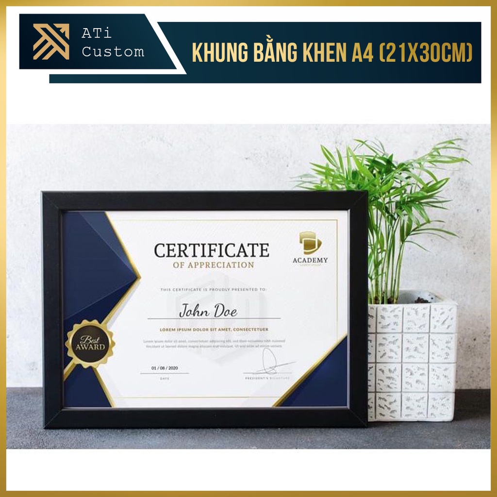 Khung bằng khen A4 (21x30cm) mặt kính viền Composite siêu bền, siêu nhẹ, hàng loại 1 - ATI CUSTOM