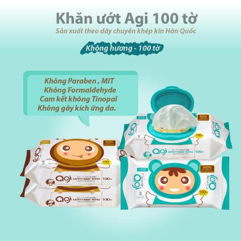 Khăn giấy ướt trẻ em Agi loại 80/100 tờ nguyên liệu cao cấp mềm mại dày và êm ái khi sử dụng cho bé