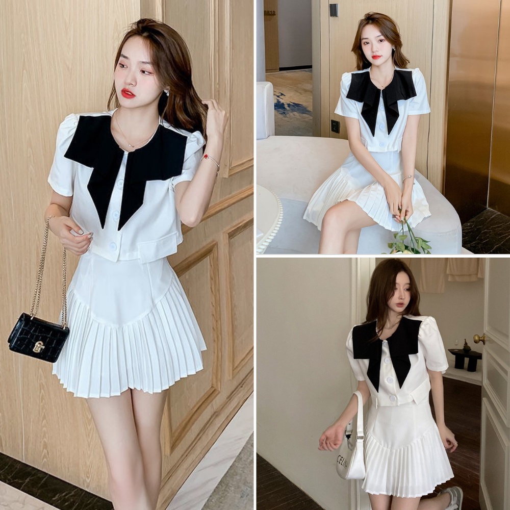 Set bộ nữ, set bộ chân váy xếp ly áo kiểu cổ newtrend màu trắng đen SKUS-92B