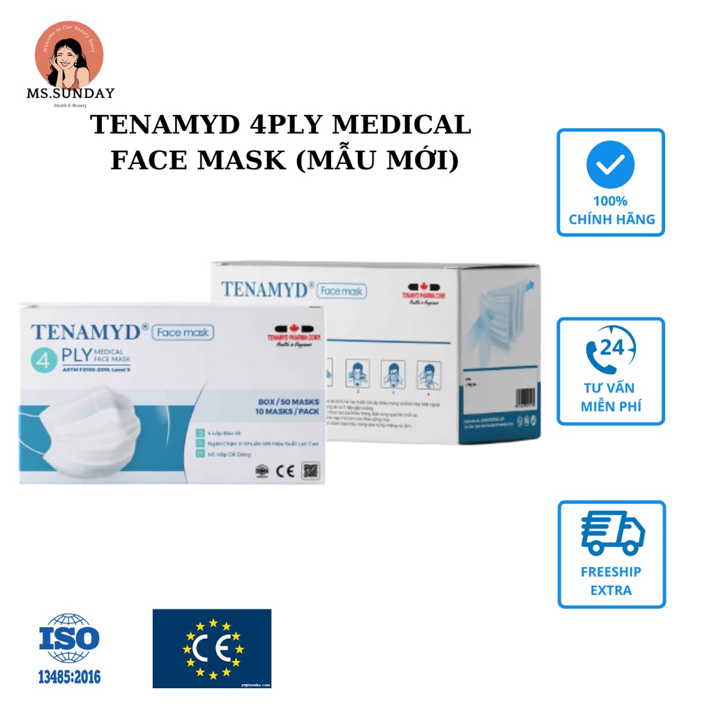KHẨU TRANG Y TẾ 4 LỚP màu trắng- TENAMYD- hiệu suất lọc đạt chuẩn của Type IIR, ASTM 3 - lọc khuẩn, bụi và chất độc