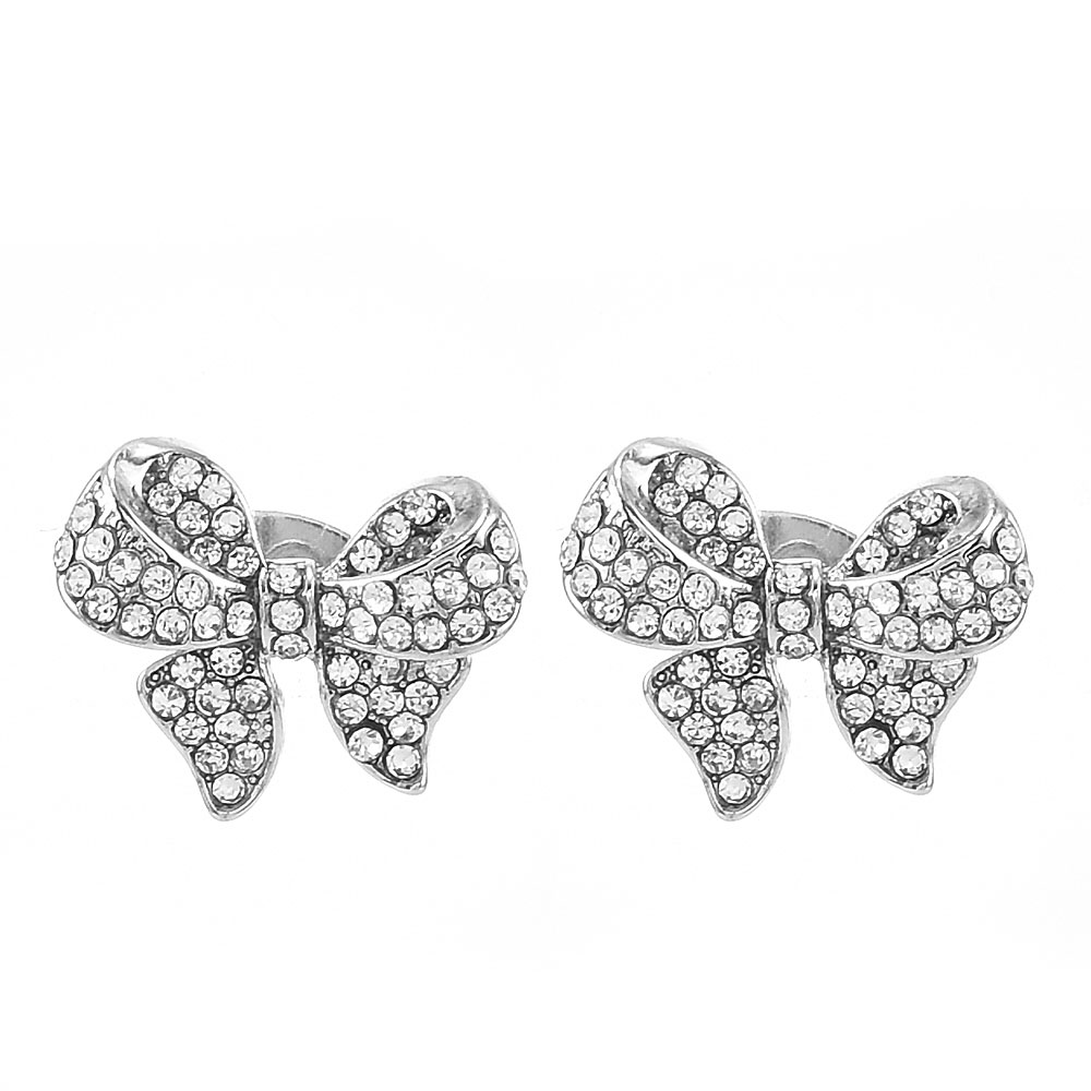 Hoa Tai Xi Bạc Phối Nơ Đính Đá Lấp Lánh Cho Nữ