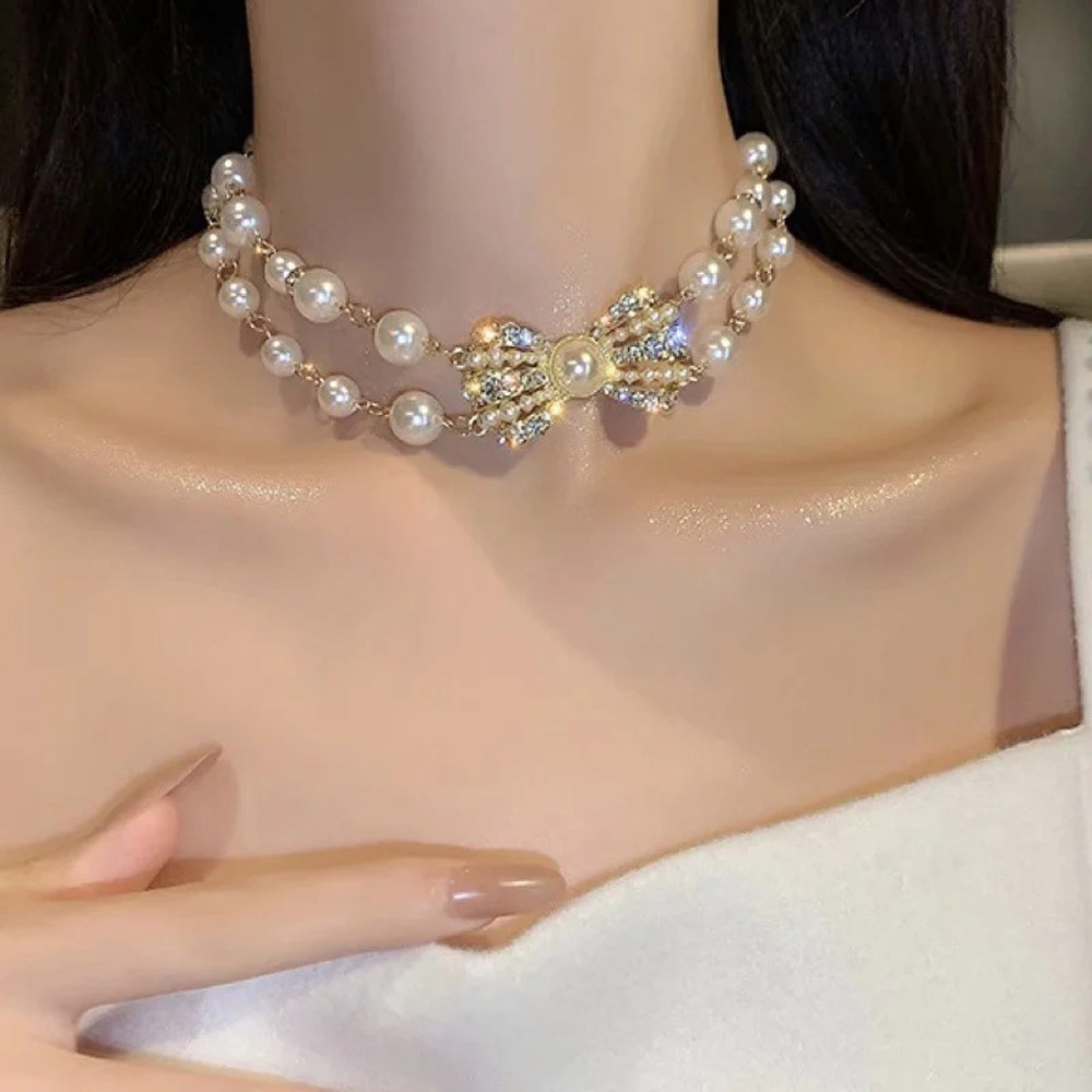 Vòng Cổ Choker Thiết Kế Hai Lớp Đính Nơ Hạt Ngọc Trai Thời Trang Nữ