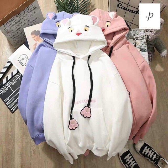 Áo Hoodie Nữ Mũ Thêu Mèo Dây Tai Thỏ Cute (Hồng,Trắng Và Tím)