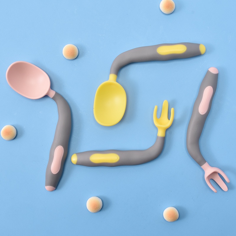 Bộ thìa dĩa cho bé tập ăn dặm, có thể bẻ cong 360 độ