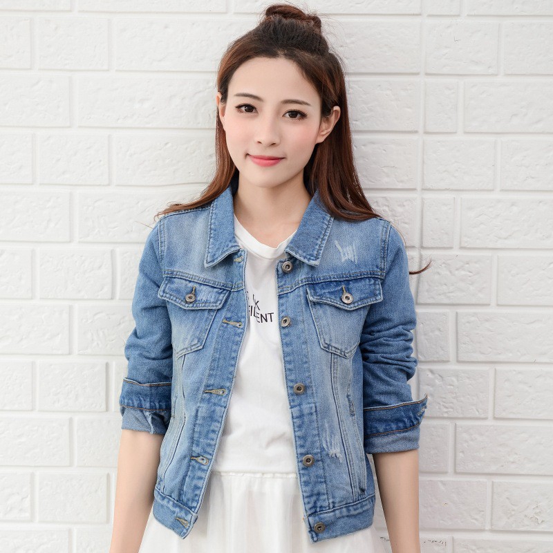 Áo Khoác Denim Lửng Dài Tay Phong Cách Cổ Điển