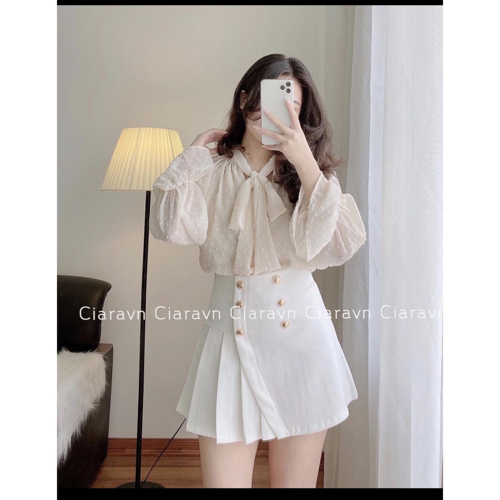 Chân váy ngắn chữ A vạt chéo xếp ly 3 khuy lưng cao 2 màu trắng, đen sz S,M | BigBuy360 - bigbuy360.vn