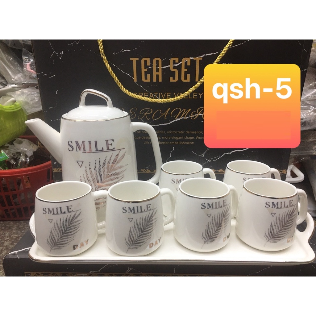 Bộ ấm chén sứ trắng lá Smile qsh-5