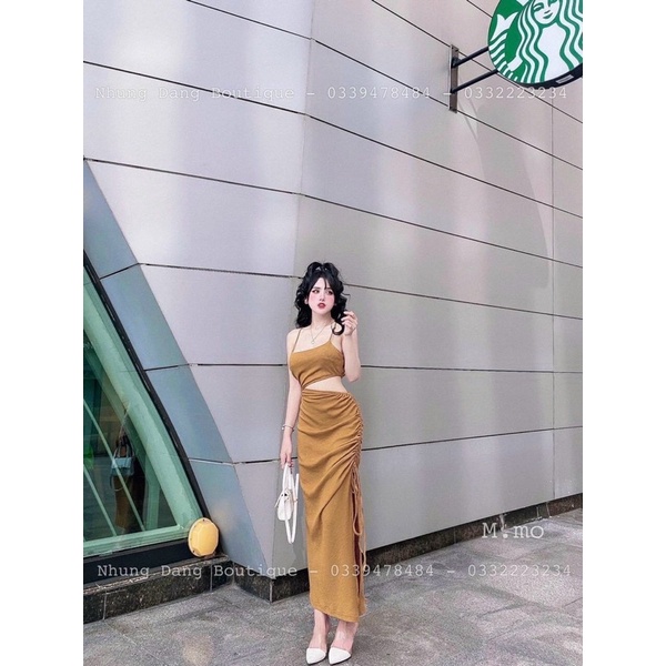 Đầm body hai dây hở eo rút dây xẻ tà Oanh