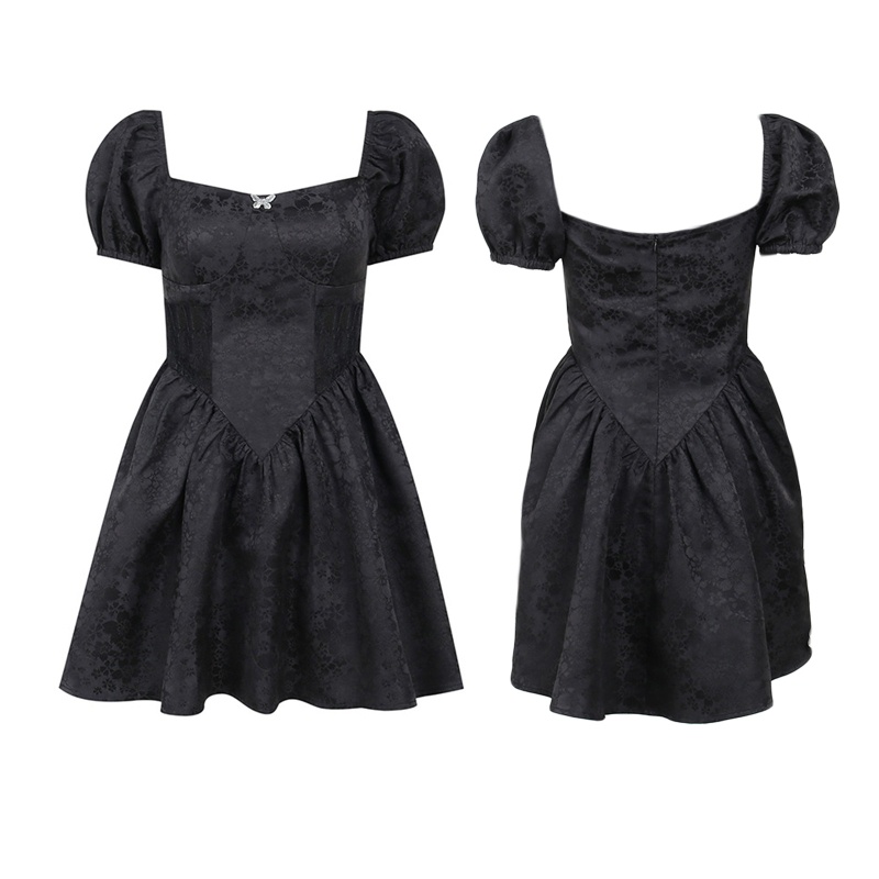 Đầm Chữ A Tay Ngắn Phồng Cổ Vuông Phối Ren Eo Cao Màu Đen Phong Cách Gothic Quyến Rũ Cho Nữ