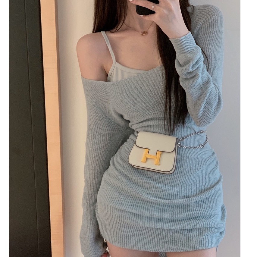 Đầm dệt kim trễ vai dáng ôm phối dây rút cá tính cho nữ