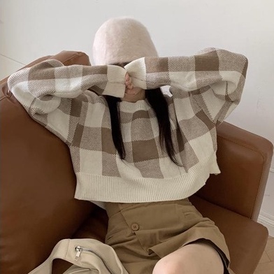 Áo sweater dệt kim cổ tròn tay dài dáng rộng họa tiết kẻ sọc thời trang dành cho nữ 46563