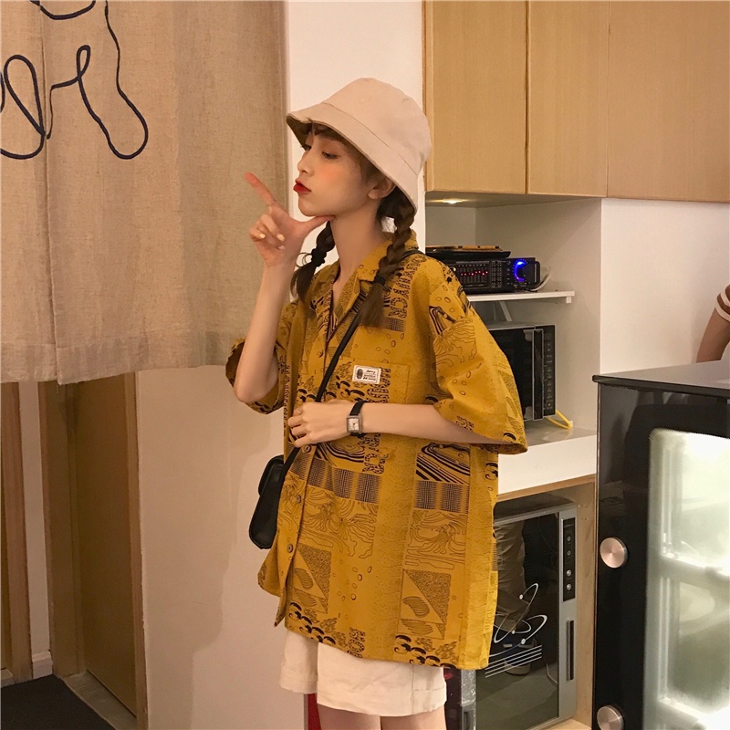 Áo sơ mi SUXI kiểu mỏng dáng rộng in họa tiết vintage dễ phối đồ thời trang mùa hè cho nữ