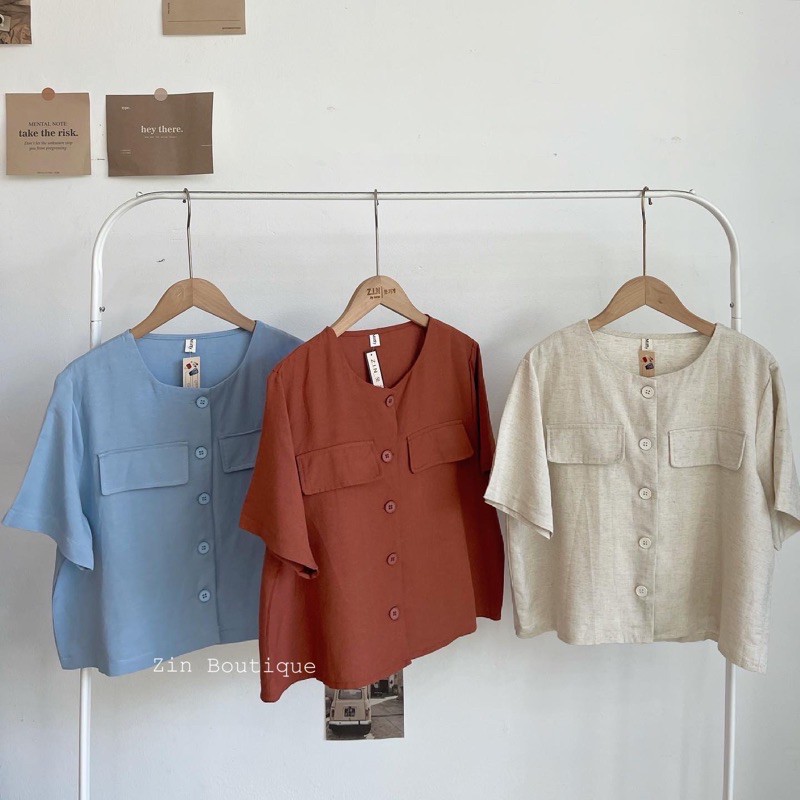 Áo kiểu linen nữ tay ngắn có túi