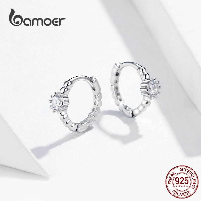 Khuyên tai BAMOER làm từ bạc hình tròn đính đá nhỏ thời trang