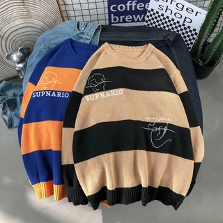 Áo Sweater Dáng Rộng Họa Tiết Kẻ Sọc Màu Sắc Tương Phản Thời Trang Xuân Thu Dễ Phối Đồ Cho Cặp Đôi