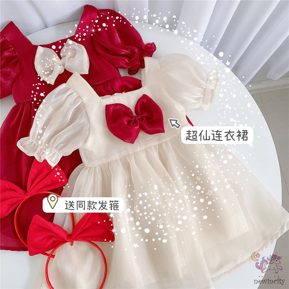 Đầm Công Chúa Tay Phồng Cổ Vuông Thắt Nơ Phong Cách Hàn Quốc Xinh Xắn Cho Bé Gái