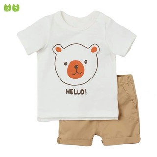 [Giá Sỉ] Bộ Áo Cộc In Gấu Hello Mix Quần Short Nâu Cho Bé Trai