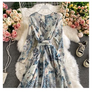 Váy lụa hoa dáng dài cổ tròn