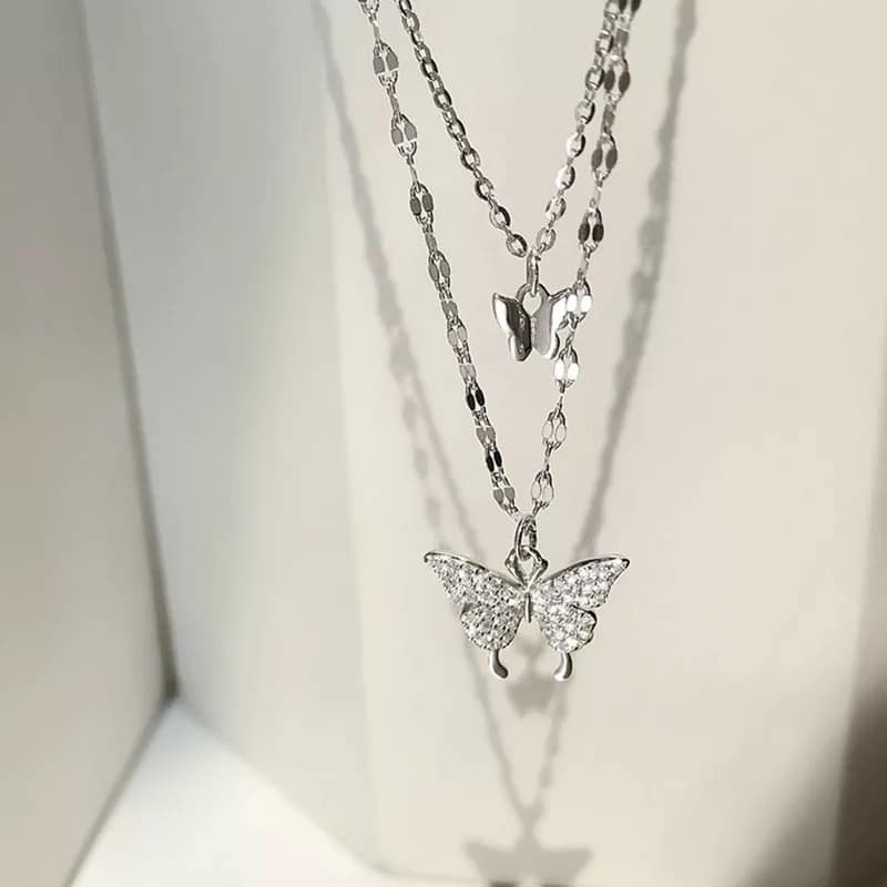 Dây chuyền bạc nữ dây đôi hồ điệp,Dây chuyền hồ điệp xinh bạc 925-Minh Tâm Jewelry