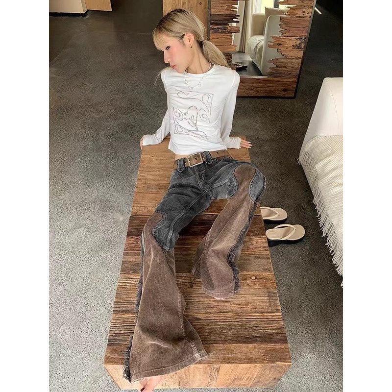 Pit a pat 2022 Quần Denim Ống Loe Khâu Tua Rua Nhẹ Nhàng Phong Cách Âu Mỹ Cổ Điển Mới Cho Nữ