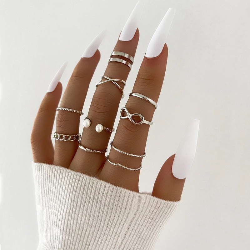 Set 10 Nhẫn Đeo Tay Kim Loại Đính Ngọc Trai Giả Thời Trang Nữ