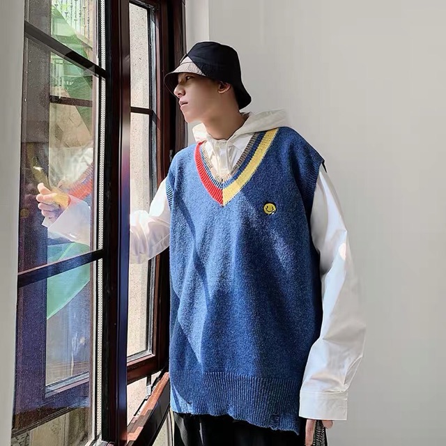 Áo gile len xanh unisex thêu mặt cười phong cách ulzzang Hàn Quốc