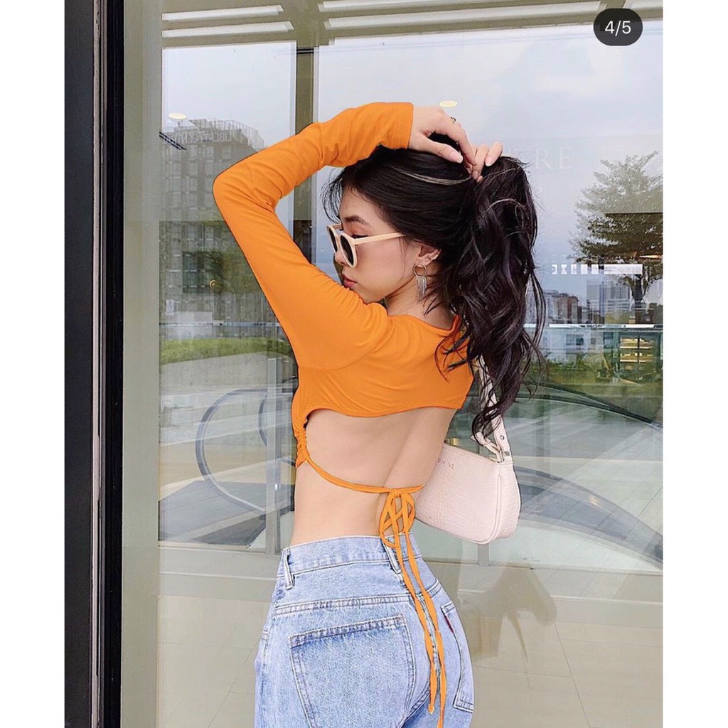 Áo croptop tay dài ôm body , kiểu hở lưng cột dây cực sexy , chất thun bozip mềm mịn xinh