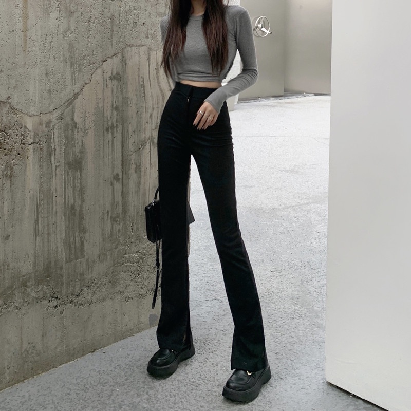 Quần dài sát đất ống thẳng xẻ tà lưng cao dáng rộng thời trang thu đông dành cho bạn nữ