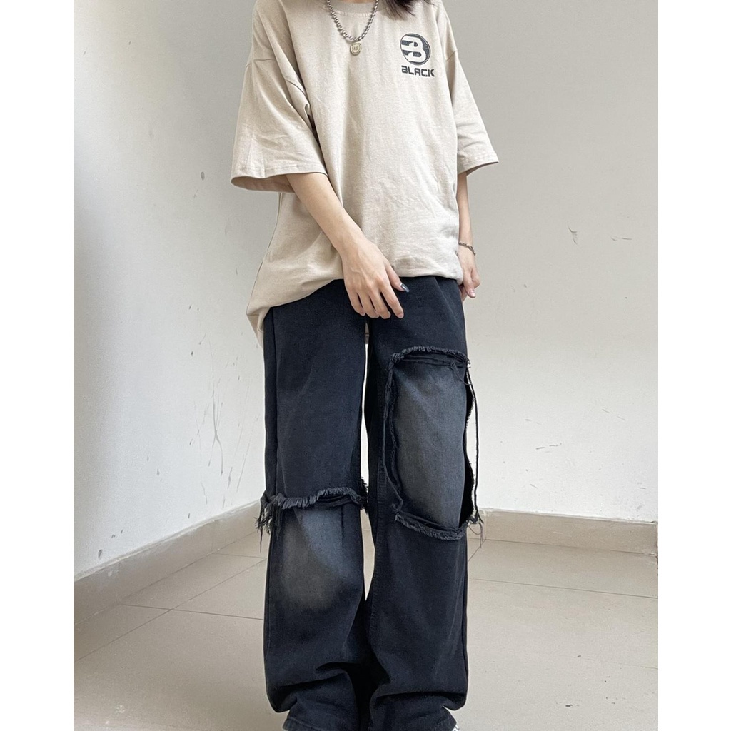 Quần jean dài lưng cao ống rộng dáng suông kiểu retro cá tính cho nữ