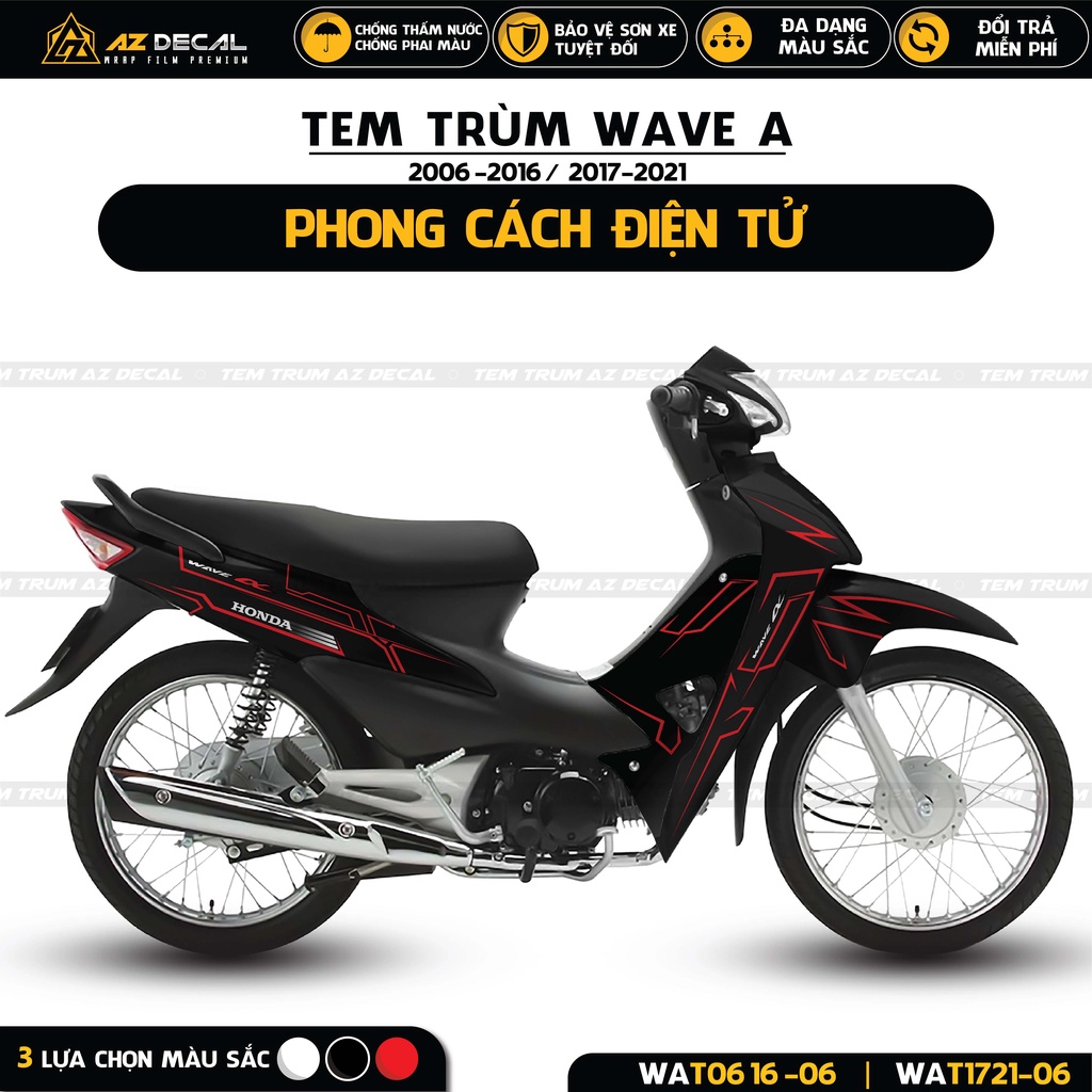 Tem Xe Wave 110 100 Đẹp Mẫu Electronic | WAT-06 | Tem Trùm Chất Liệu Decal Cao Cấp Màu Đen Đỏ Trắng Dán Xe Wave Alpha