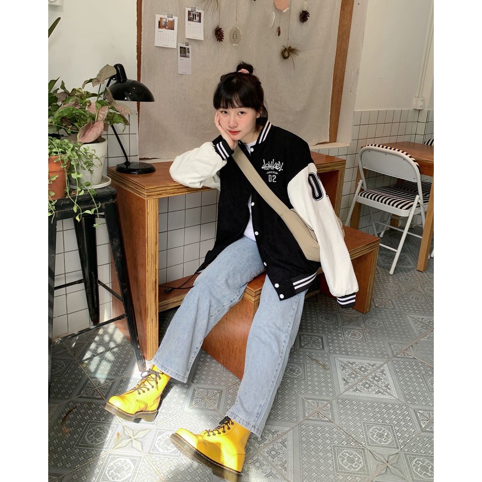 Áo khoác Varsity Black/White Nhung Tăm Full Thêu Logo Lowkey Phối Da PU Varsity Jacket Lowkey Uni