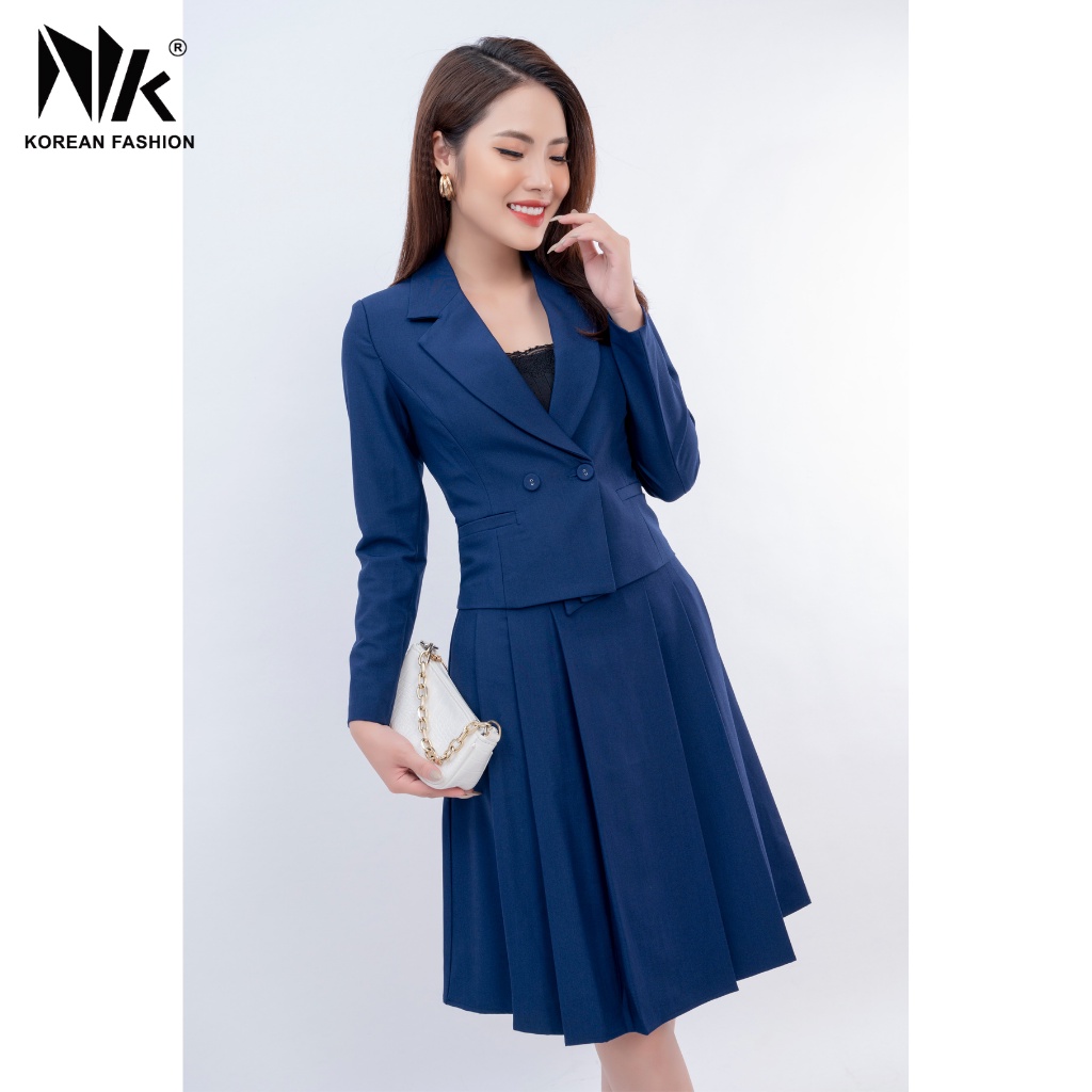 Bộ Vest Nữ Công Sở NK Fashion Tay Dài Kết Hợp Chân Váy Xòe Xếp Ly, Chất Liệu Hàn Cao Cấp NKFBD2108015