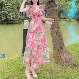 (Sẵn) Đầm maxi voan hoa cổ V dáng dài,Đầm thiết kế tay cánh tiên hoa hồng hoa vàng mã TT0139 SAVVY chiffon dress vintage