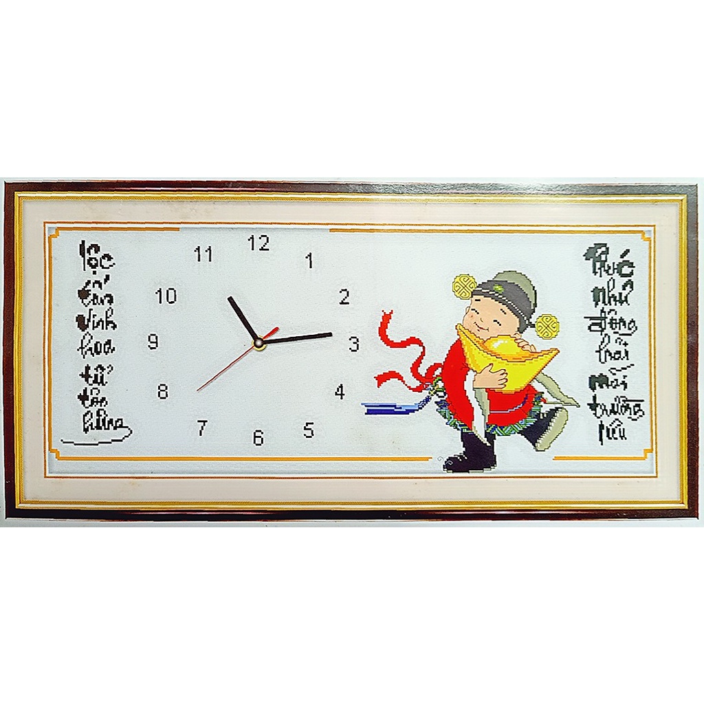 Xả lỗ tranh thêu kín đồng hồ Thần tài kích thước 84*38cm