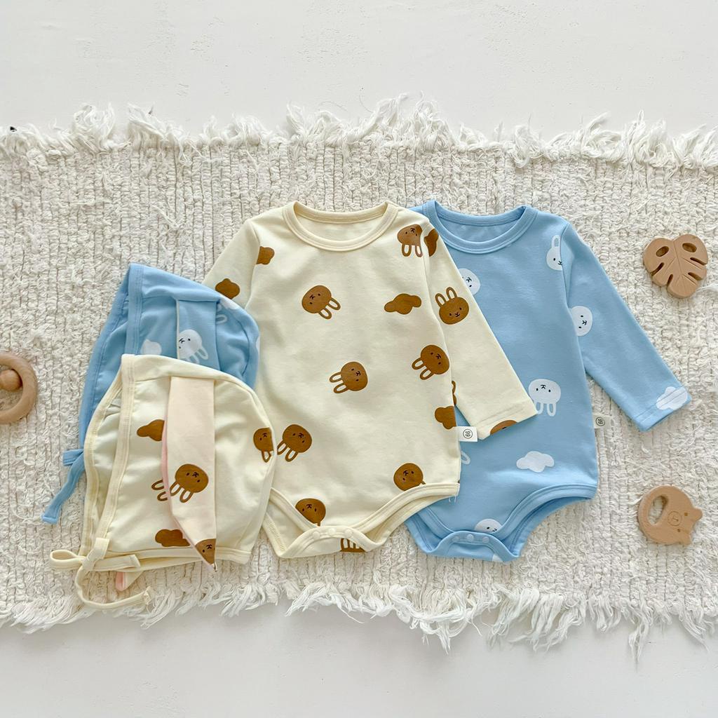 Bộ Áo Liền Quần Tay Dài In Hình Thỏ Dễ Thương Kèm Mũ Thời Trang Mùa Xuân Cho Bé Sơ