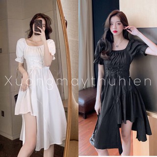 Váy suông cổ vuông lệch tầng dáng dài ulzzang/ Váy nữ ngắn tay đan dây eo mặc 2 kiểu_xuongmaythuhien