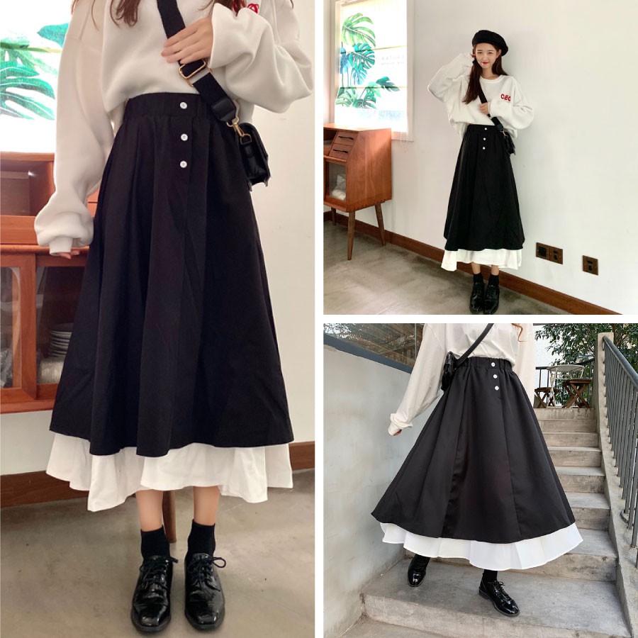 CHÂN VÁY DÀI kiểu dáng ulzzang phối 2 màu đen trắng phong cách Hàn Quốc xinh xắn CV011