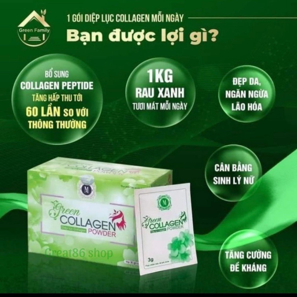 Diệp lục collagen great86 green collagen hộp 30 gói hỗ trợ cho phái nữ sức khỏe sắc đẹp và tăng cường nội tiết tố nữ