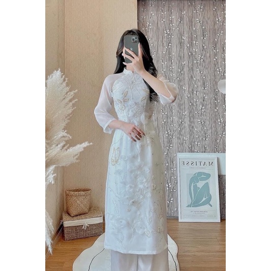 Áo Dài Cách Tân Nữ Thiết Kế Voon Màu Trăng Siêu Hot Áo Dài Việt Chuẩn Phom Cam kết Chất Lượng