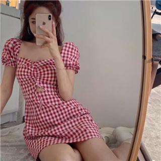 Váy kẻ caro đỏ nhún ngực ulzzang / Đầm đỏ caro