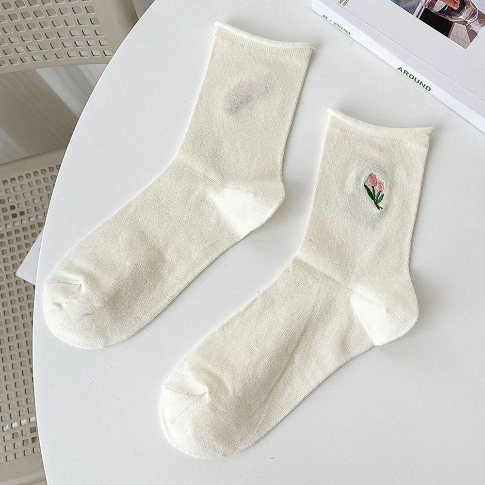 Vớ Cotton Thoáng Khí Thoải Mái Thêu Họa Tiết Hoa Tulip Màu Sắc Đơn Giản Phong Cách Harajuku Cho Nữ