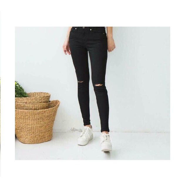 (BIGSIZE) Quần jeans giấy rách gối 60-90kg ( Đen)-Co dãn gọn dáng