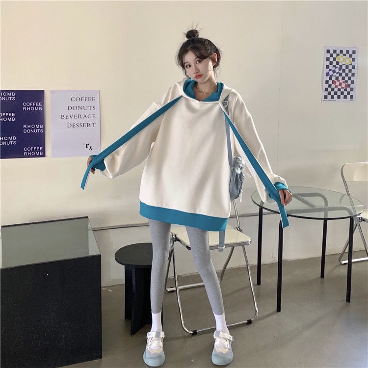 Áo hoodie tay dài dáng rộng màu sắc tương phản dành cho nữ