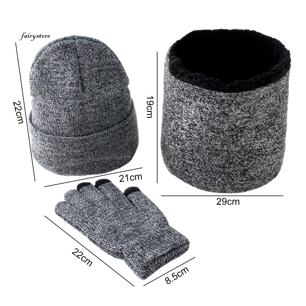 Fairystore| Set 3 Món Găng Tay + Mũ + Găng Tay + Khăn Choàng Cổ Giữ Ấm Mùa Đông Cho Nam