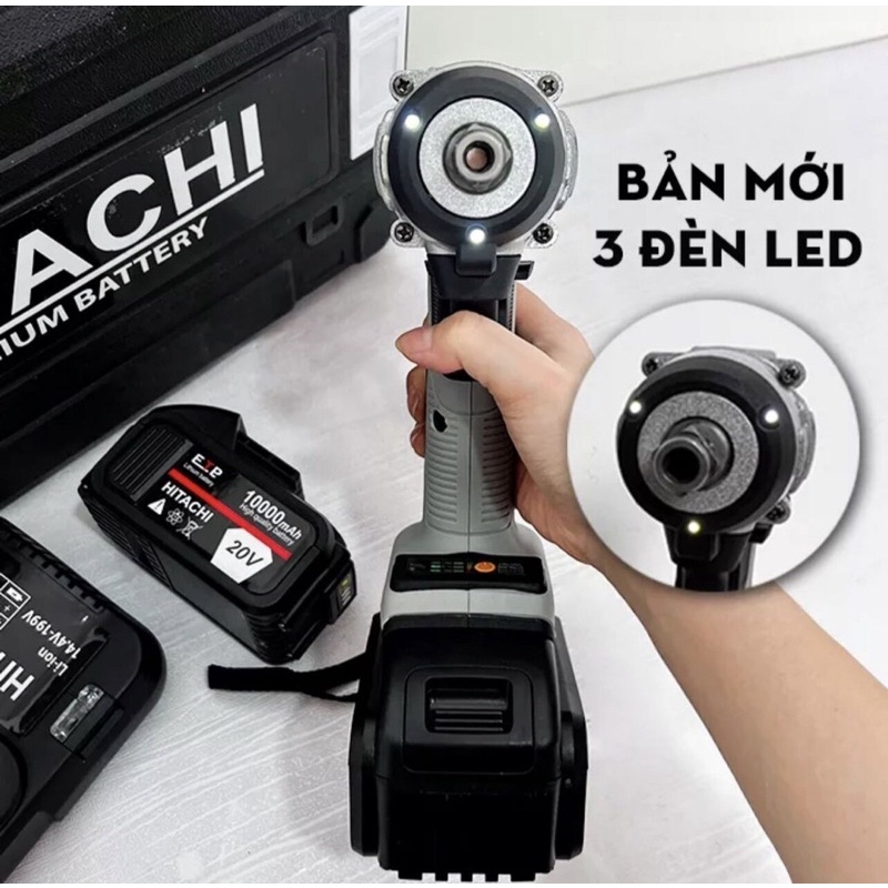 Máy Siết Bulong HITACHI Không Chổi Than 3 Đèn Led Trợ Sáng Đầu Đa Năng Mở Ốc Bắt Vít Khoan Chân Pin Thông Dụng